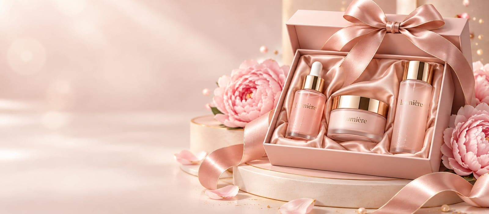 Hộp quà có nơ lụa đựng serum, hũ kem và chai nước cân bằng, xung quanh là hoa mẫu đơn